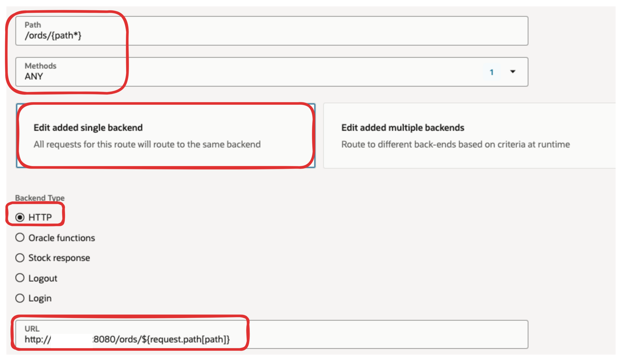 Route with path /ords/{path*}, method ANY, a single HTTP backend, and the ORDS backend URL