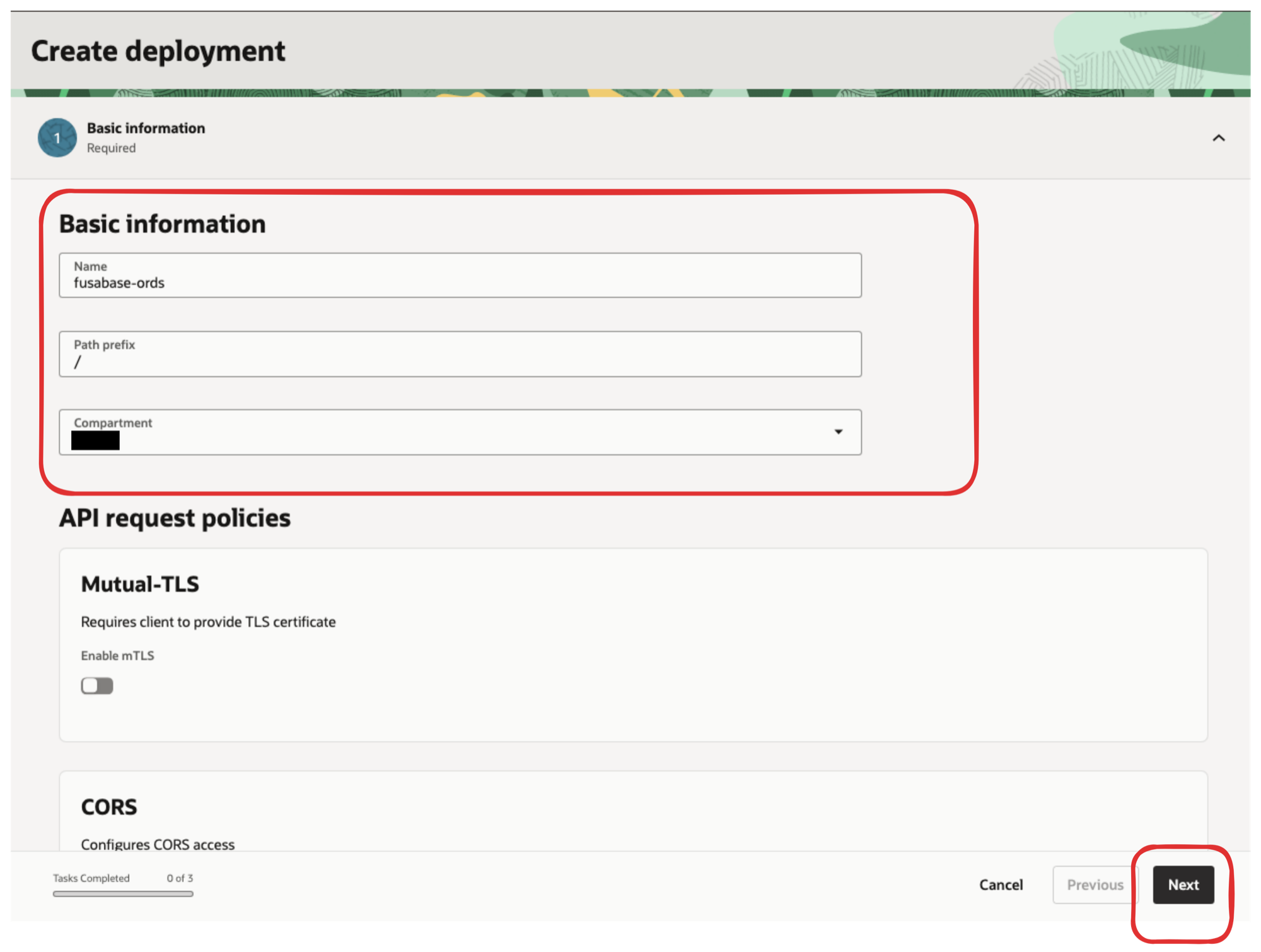 Create deployment basic information with name fusabase-ords and path prefix /
