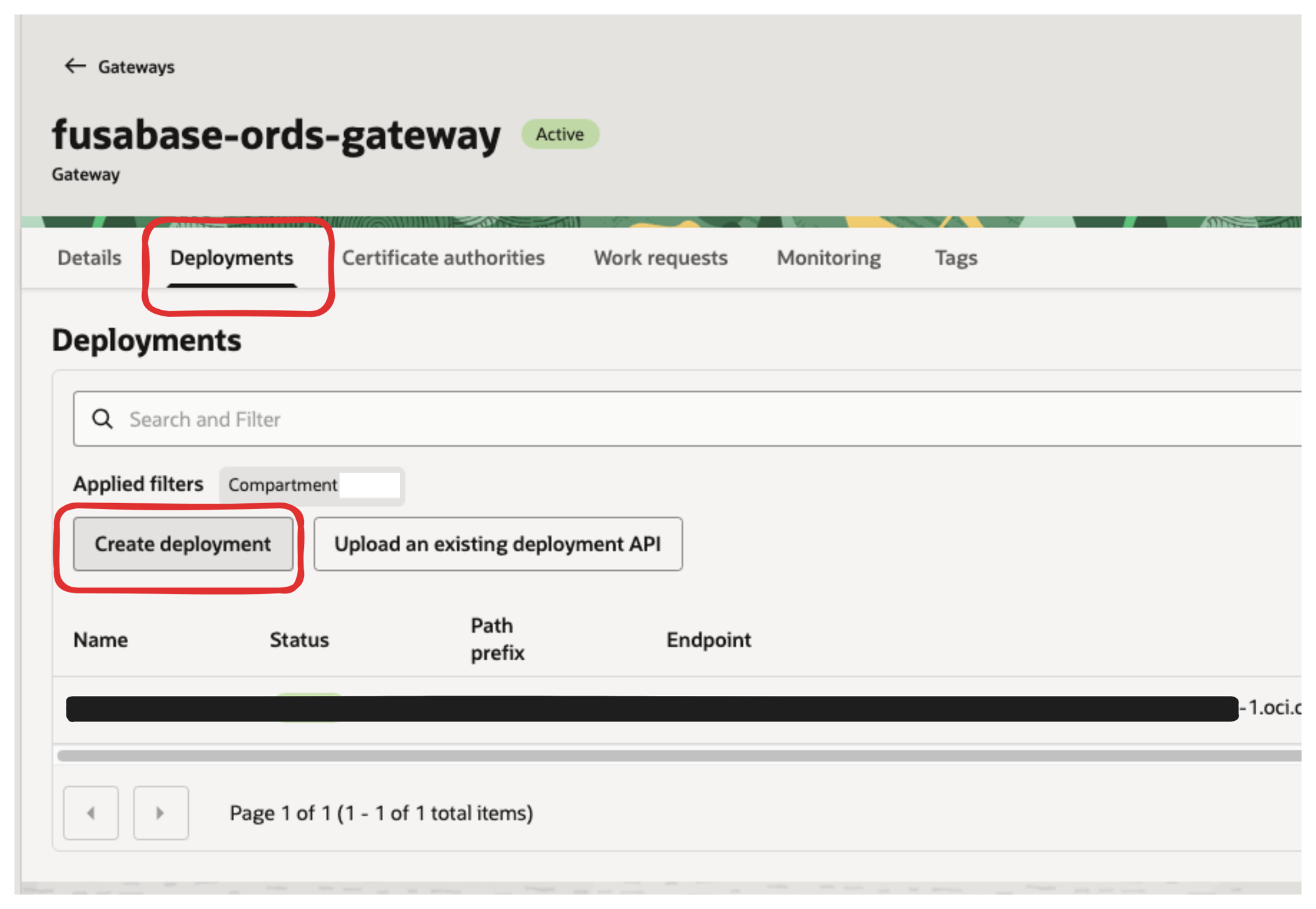 OCI API Gateway Deployments page with the Create deployment option