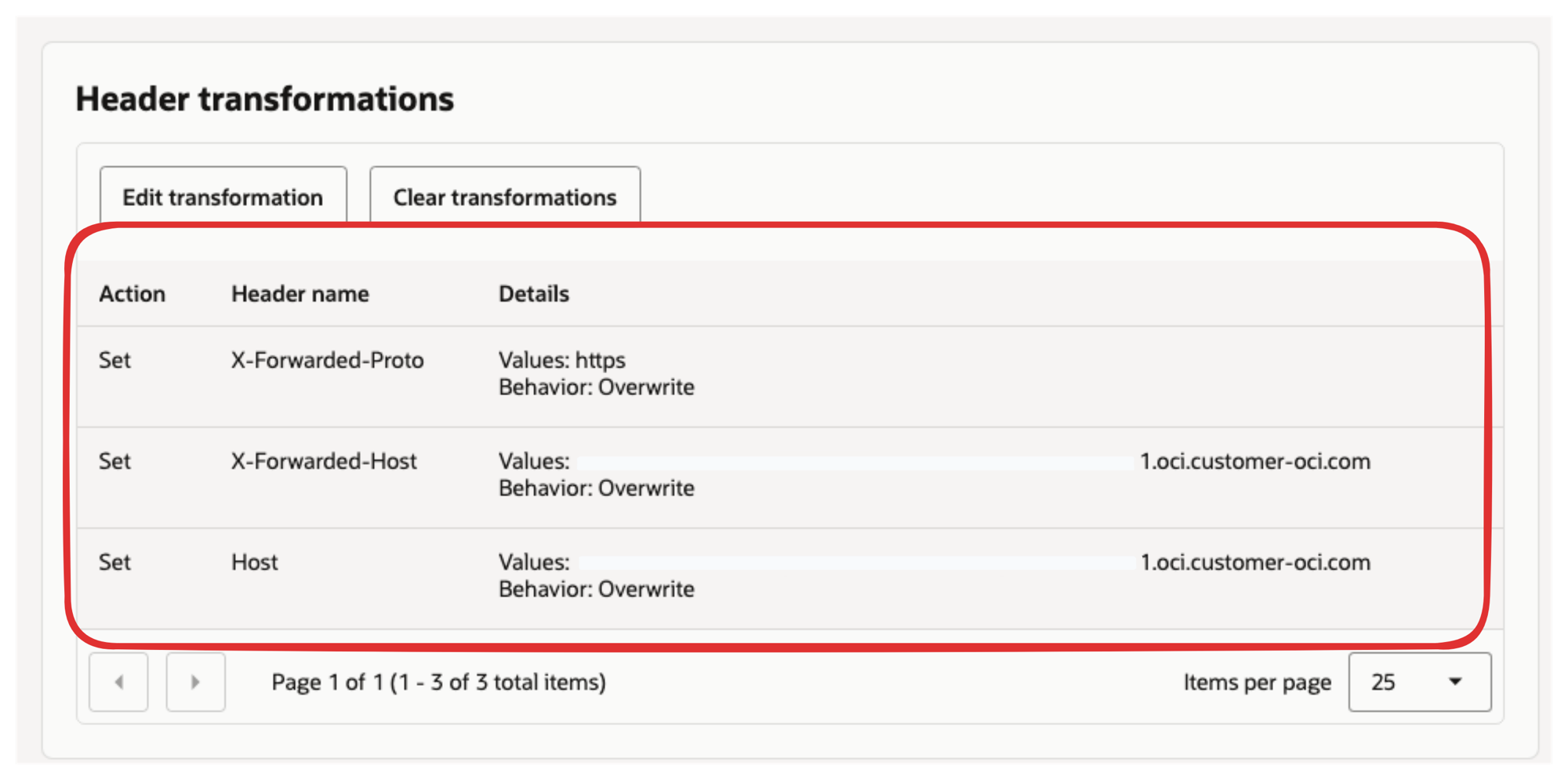 Header transformations table setting X-Forwarded-Proto, X-Forwarded-Host, and Host