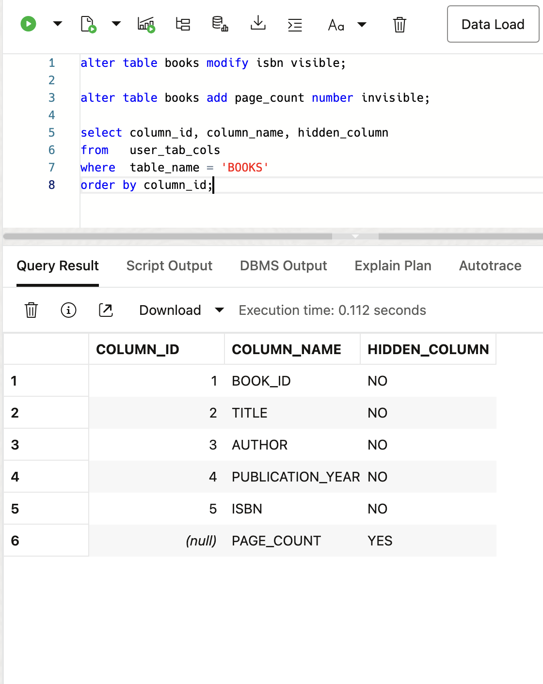 We can find the column status from the user_tab_cols table.